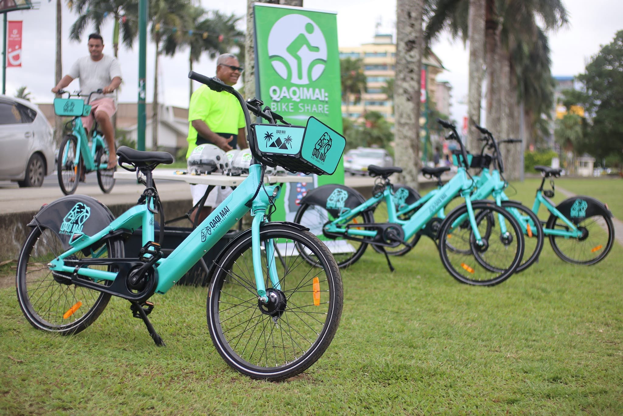 QaqiMai bike share bikes lined up in Suva, Fiji